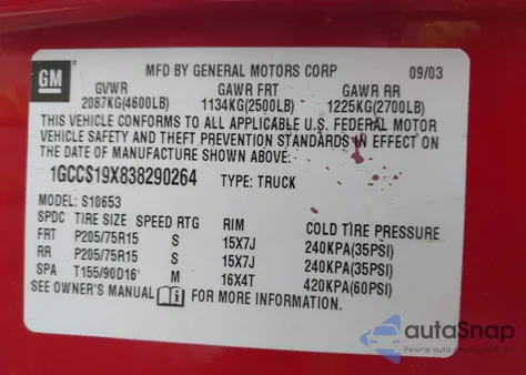 2003 Chevrolet S-10 Ls from USA, damaged, VIN 1GCCS19X838290264